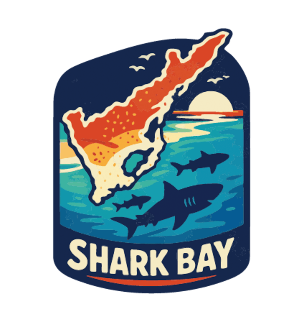 Shark Bay illustrated travel patch design featuring a marine coastline with turquoise water and sea life.
