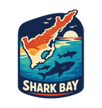 Shark Bay illustrated travel patch design featuring a marine coastline with turquoise water and sea life.