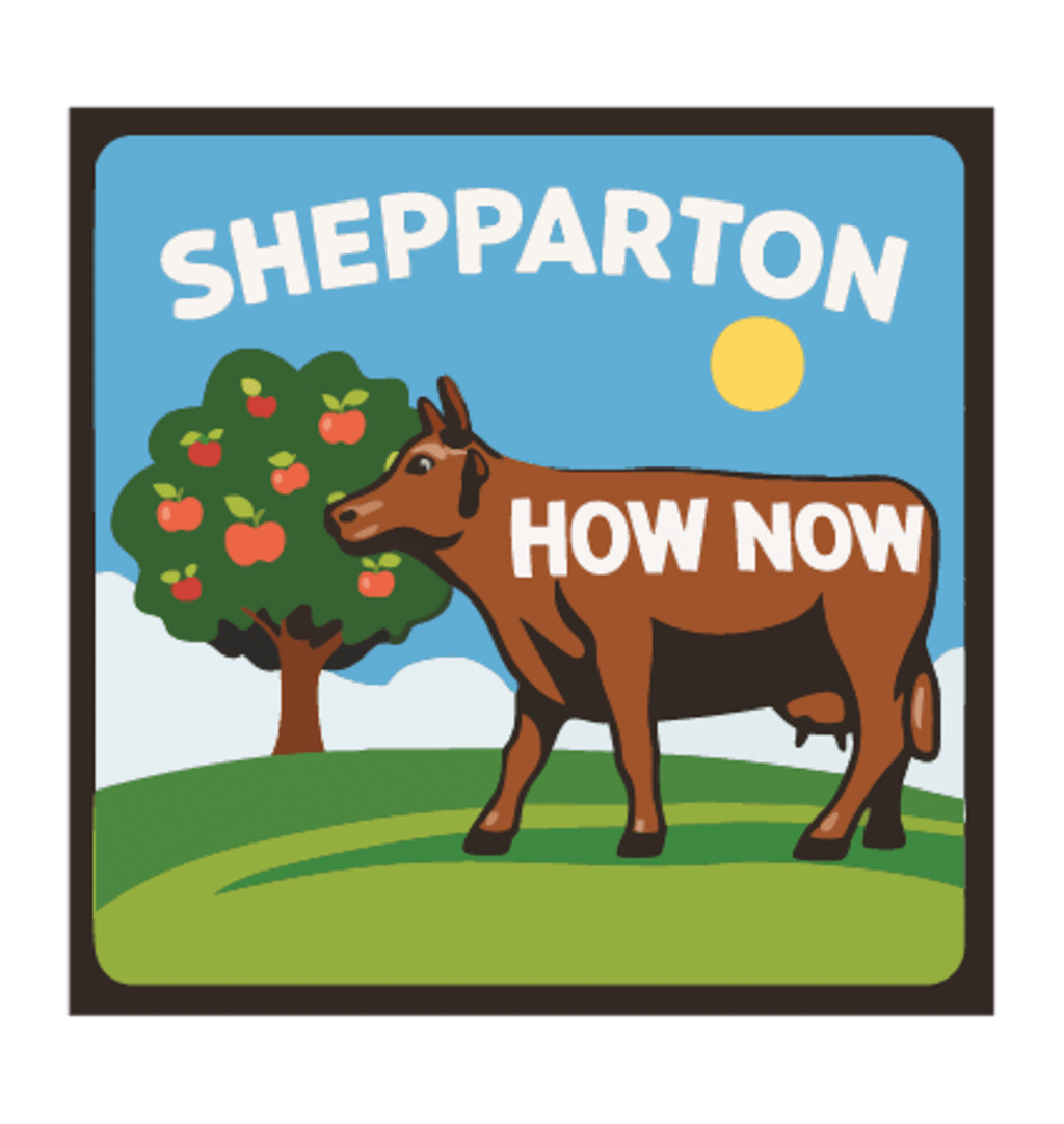 Shepparton illustrated travel patch design featuring a colourful cow sculpture in a regional landscape.