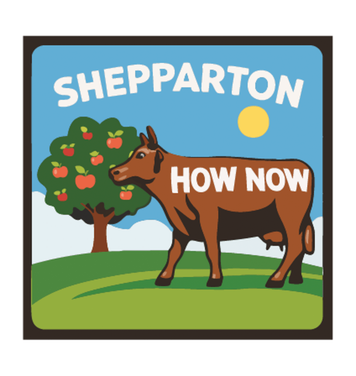 Shepparton illustrated travel patch design featuring a colourful cow sculpture in a regional landscape.