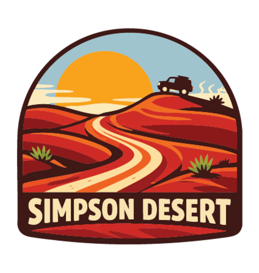 Simpson Desert illustrated travel patch design featuring a four-wheel drive crossing red desert sand dunes.