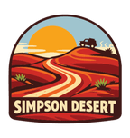 Simpson Desert illustrated travel patch design featuring a four-wheel drive crossing red desert sand dunes.