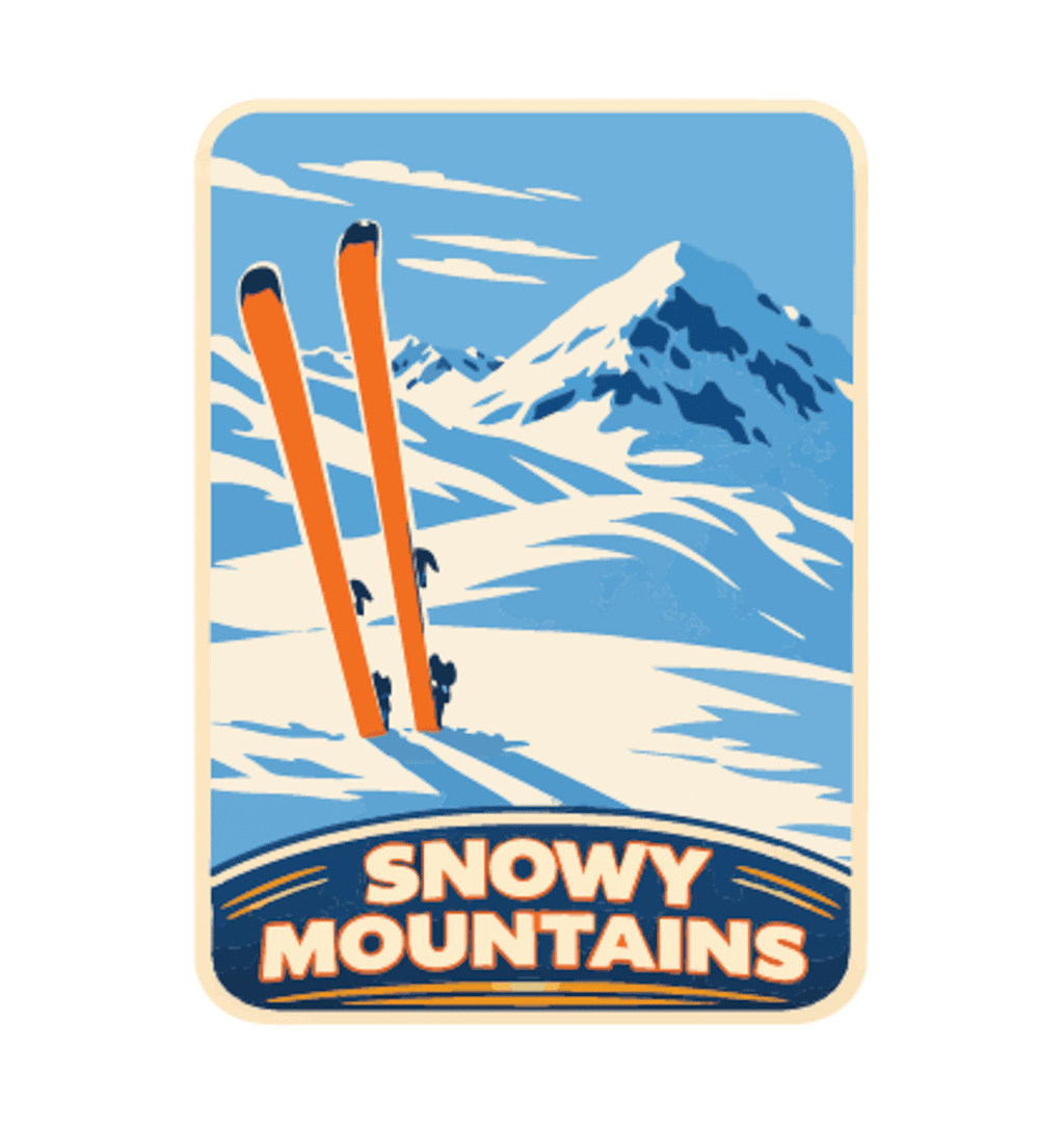 Snowy Mountains illustrated travel patch design featuring snow-covered alpine peaks.