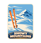 Snowy Mountains illustrated travel patch design featuring snow-covered alpine peaks.