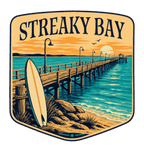 Streaky Bay illustrated travel patch design featuring a sandy coastline and turquoise water.