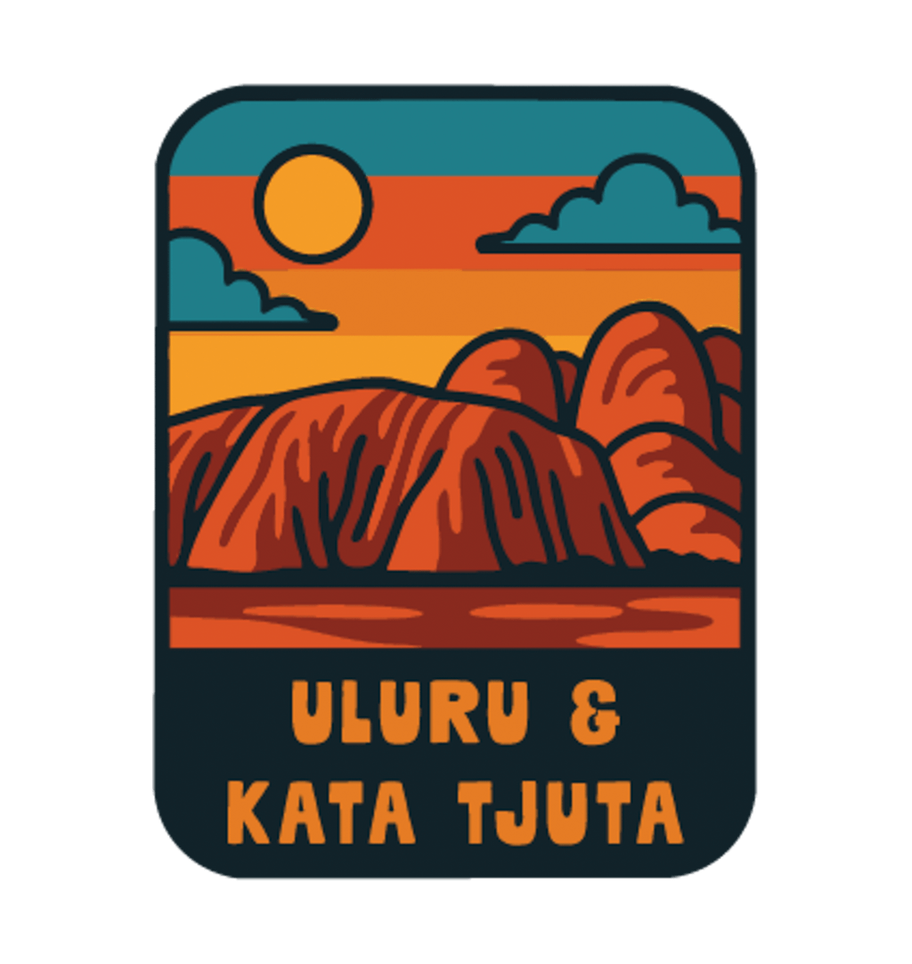 Uluru-Kata Tjuta illustrated travel patch with Uluru and Kata Tjuta rising from red desert country; photographed on a transparent background.