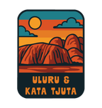 Uluru-Kata Tjuta illustrated travel patch with Uluru and Kata Tjuta rising from red desert country; photographed on a transparent background.