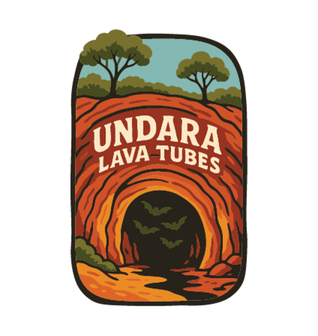 Undara Lava Tubes illustrated travel patch design featuring a lava tube cave opening in an outback landscape.
