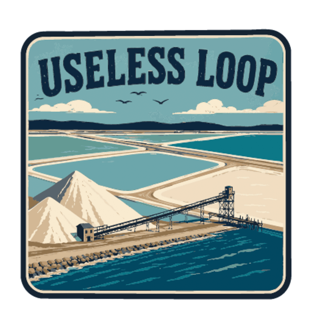 Useless Loop illustrated travel patch design featuring salt flats and blue coastal water.