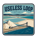 Useless Loop illustrated travel patch design featuring salt flats and blue coastal water.