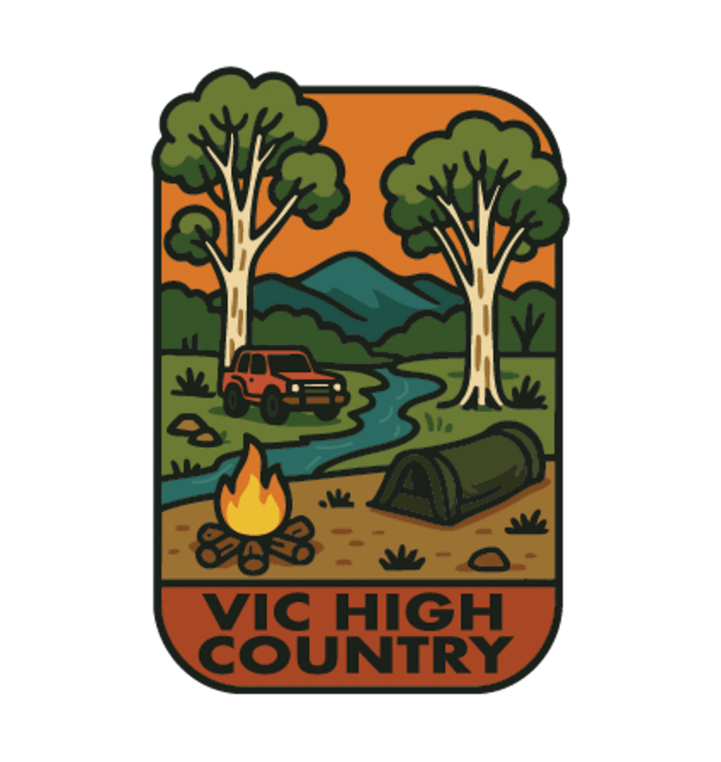 Victorian High Country illustrated travel patch design featuring a four-wheel drive climbing a steep alpine dirt track.