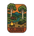 Victorian High Country illustrated travel patch design featuring a four-wheel drive climbing a steep alpine dirt track.