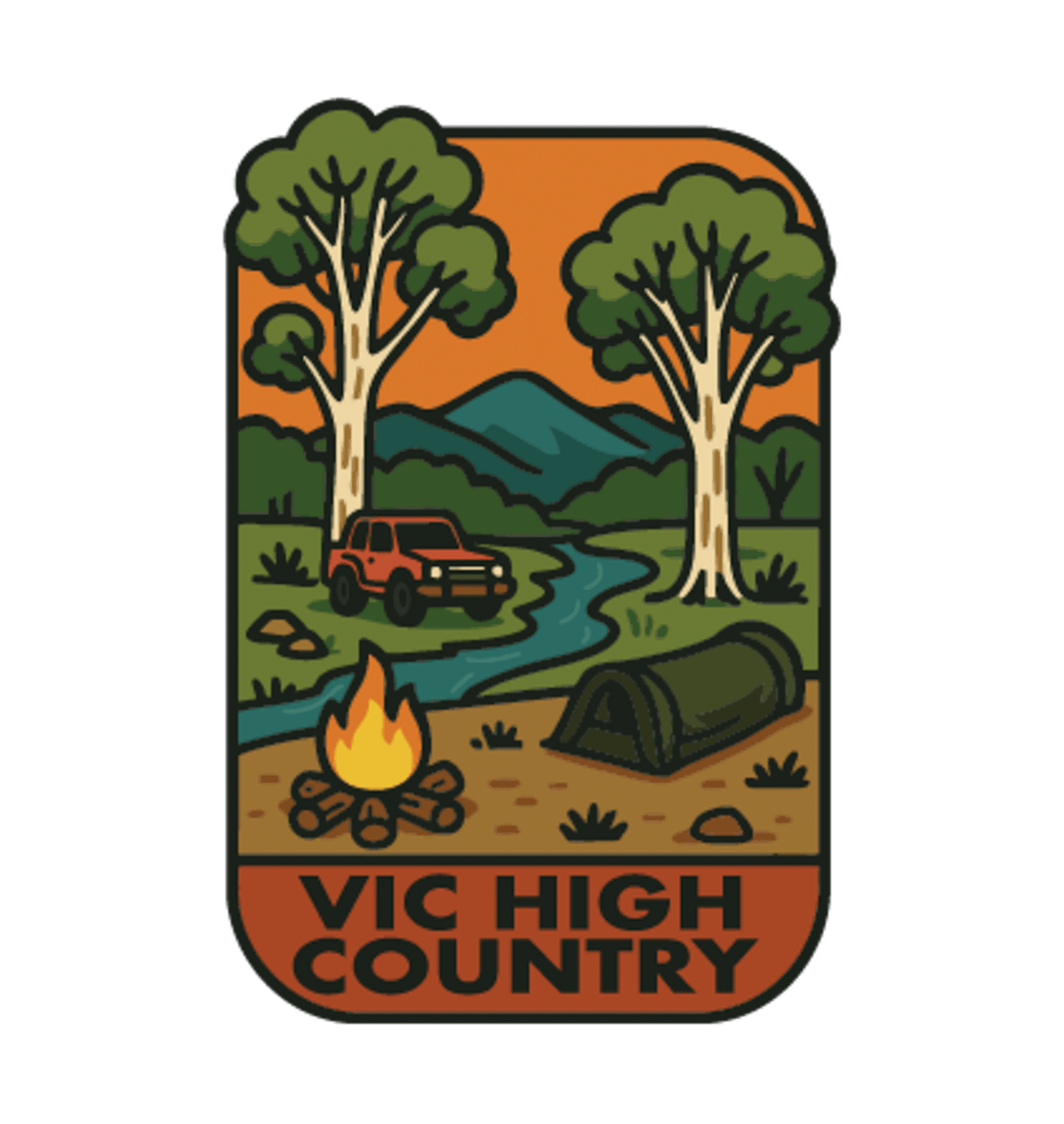 Victorian High Country illustrated travel patch design featuring a four-wheel drive climbing a steep alpine dirt track.