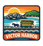 Victor Harbor illustrated travel patch design featuring a horse-drawn tram travelling across the causeway.