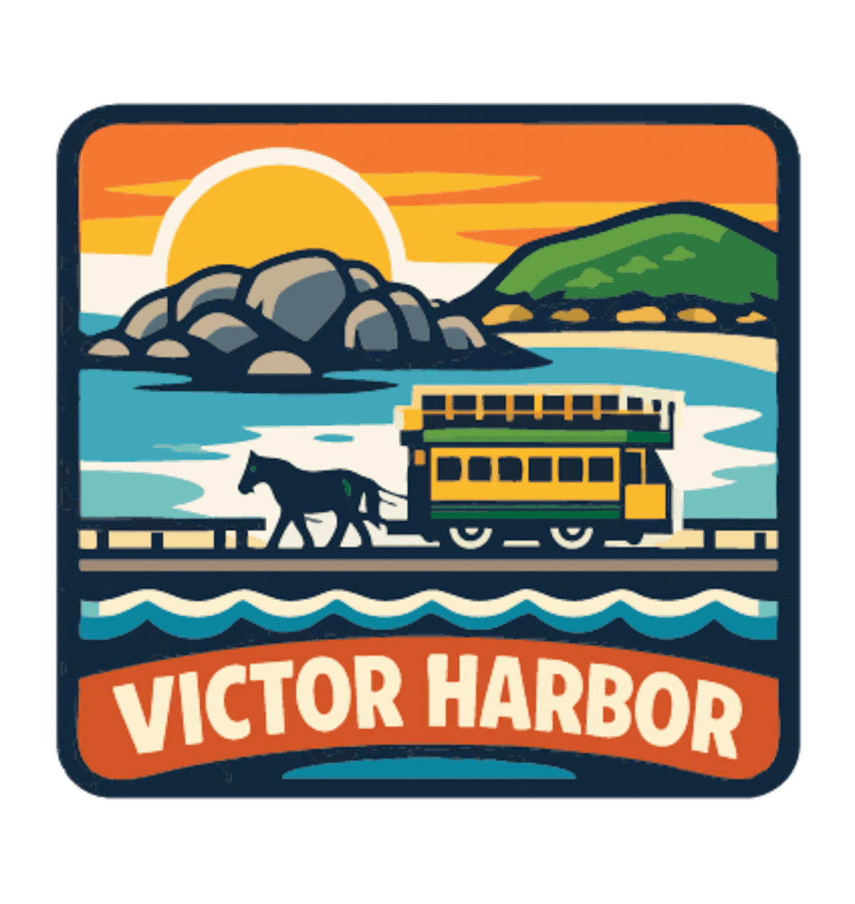 Victor Harbor illustrated travel patch design featuring a horse-drawn tram travelling across the causeway.