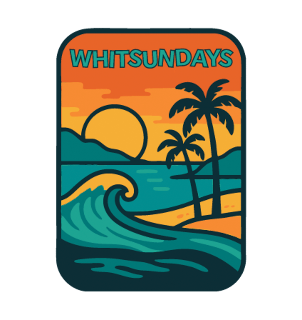 Whitsundays illustrated travel patch design featuring a tropical island beach with palm trees, curling wave and sunset.