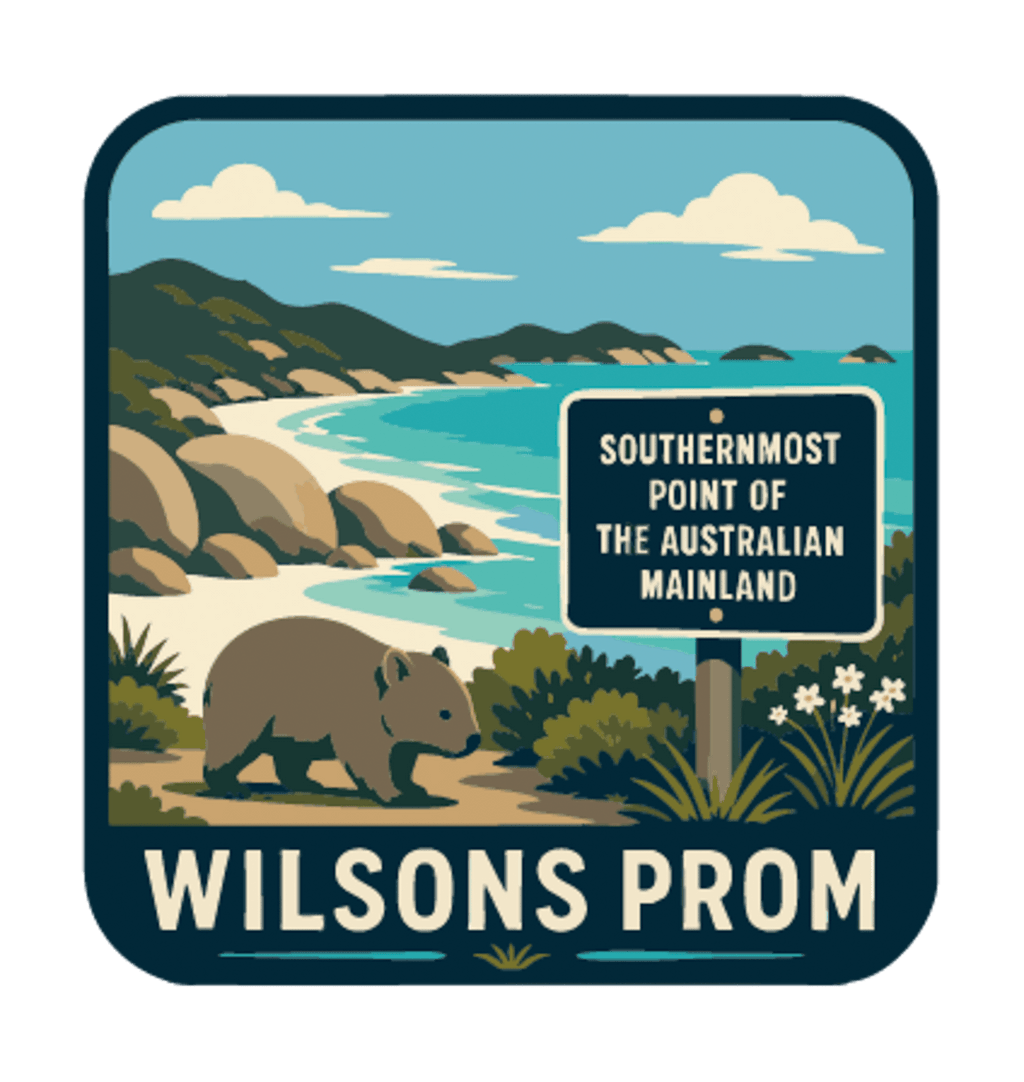 Wilsons Promontory illustrated travel patch design featuring a wombat beside the southernmost point of mainland Australia sign and coastal bay.