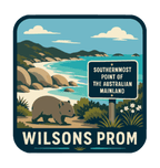 Wilsons Promontory illustrated travel patch design featuring a wombat beside the southernmost point of mainland Australia sign and coastal bay.