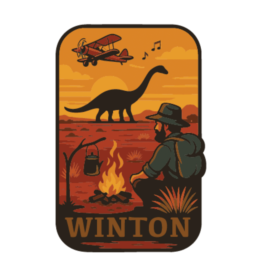 Winton illustrated travel patch design featuring a dinosaur, vintage aircraft and traveller sitting beside a campfire at sunset.