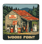 Woods Point illustrated travel patch design featuring a rustic high-country petrol station with old fuel pumps among pine trees.