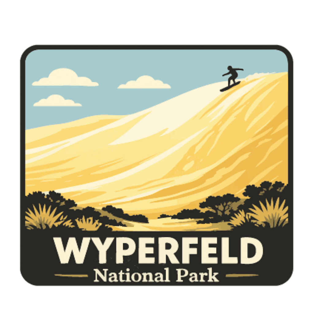 Wyperfeld National Park illustrated travel patch design featuring a sandboarder on a towering pale sand dune above scrubland.