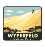 Wyperfeld National Park illustrated travel patch design featuring a sandboarder on a towering pale sand dune above scrubland.